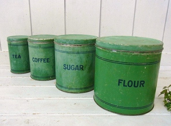 グリーンのティン製・入れ子式・アンティーク・キャニスター・4個セット/ティン缶 USA
