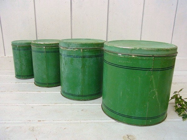 グリーンのティン製・入れ子式・アンティーク・キャニスター・4個セット/ティン缶 USA
