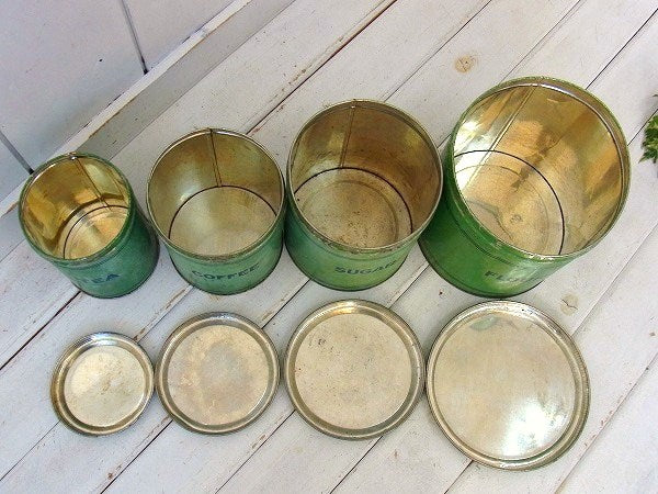 グリーンのティン製・入れ子式・アンティーク・キャニスター・4個セット/ティン缶 USA