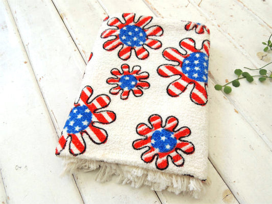 フラワー×アメリカ国旗・コットン100%・デッドストック・70'sヴィンテージ・バスタオル・タオル