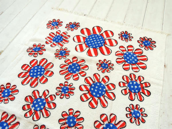 フラワー×アメリカ国旗・コットン100%・デッドストック・70'sヴィンテージ・バスタオル・タオル