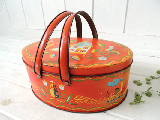 USA!赤色・フォークアート柄・アンティーク・ティンバスケット/ティン缶/裁縫箱ふ