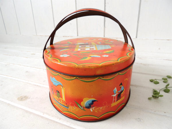 USA!赤色・フォークアート柄・アンティーク・ティンバスケット/ティン缶/裁縫箱ふ