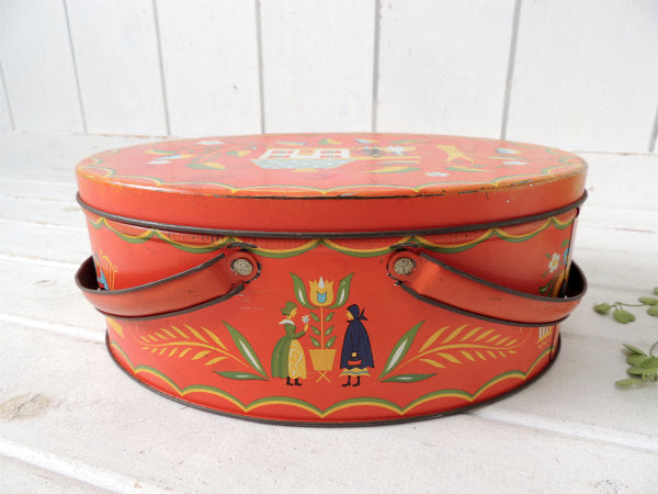 USA!赤色・フォークアート柄・アンティーク・ティンバスケット/ティン缶/裁縫箱ふ