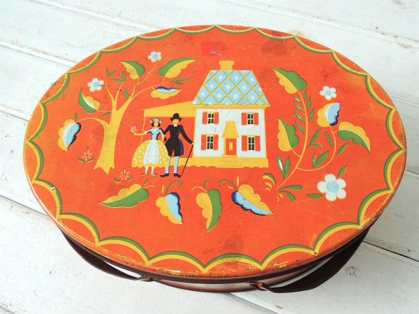 USA!赤色・フォークアート柄・アンティーク・ティンバスケット/ティン缶/裁縫箱ふ