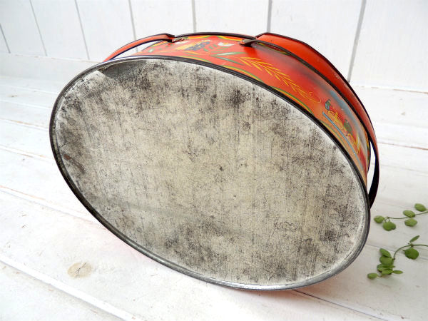 USA!赤色・フォークアート柄・アンティーク・ティンバスケット/ティン缶/裁縫箱ふ