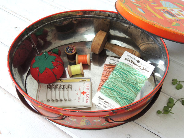 USA!赤色・フォークアート柄・アンティーク・ティンバスケット/ティン缶/裁縫箱ふ