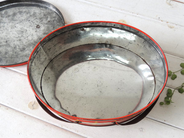 USA!赤色・フォークアート柄・アンティーク・ティンバスケット/ティン缶/裁縫箱ふ