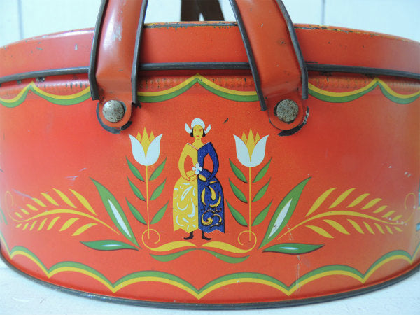 USA!赤色・フォークアート柄・アンティーク・ティンバスケット/ティン缶/裁縫箱ふ