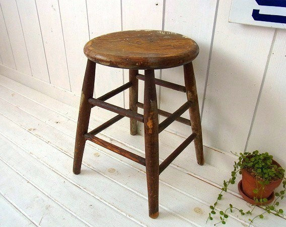 白いペンキの付いたアンティーク・木製スツール/チェア/ラウンドスツール/丸イス USA