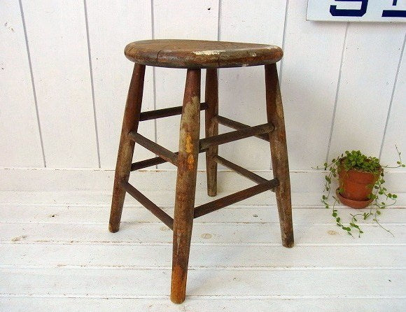 白いペンキの付いたアンティーク・木製スツール/チェア/ラウンドスツール/丸イス USA