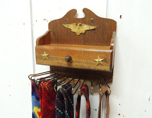 イーグル&星のスタッズ・引き出し付き・ヴィンテージ・木製ネクタイホルダー/ネクタイハンガー/里帰り品