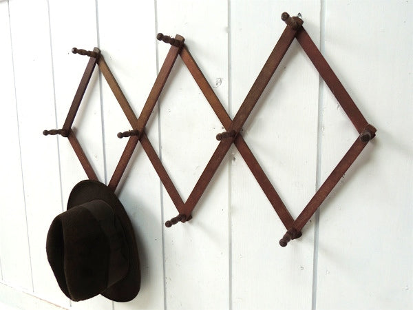 ノスタルジックな古い木製・ジャバラ式・アンティーク・ハットラック/コートフック USA