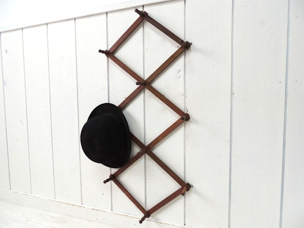 ノスタルジックな古い木製・ジャバラ式・アンティーク・ハットラック/コートフック USA