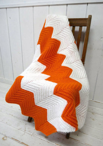 オレンジ×ホワイト 波デザイン 手編みニット ヴィンテージ ブランケット ハンドメイド ひざ掛け