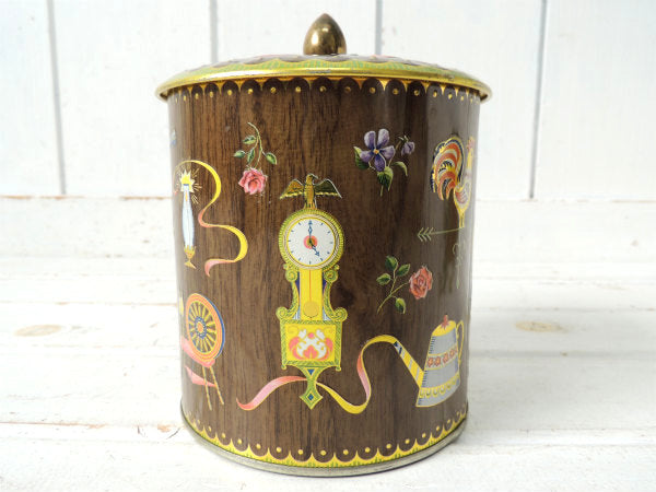 イギリス製・ポット&時計&チェア柄etc・蓋付き・アンティーク・ティン缶/ブリキ缶