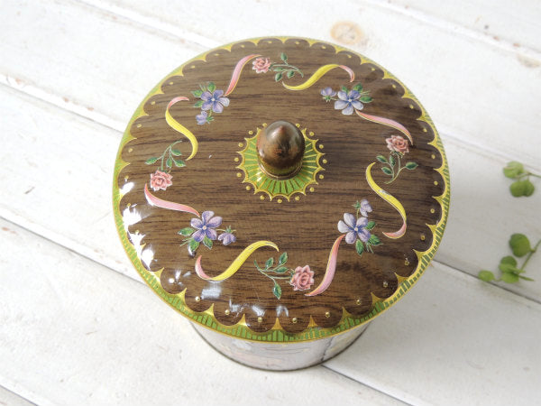 イギリス製・ポット&時計&チェア柄etc・蓋付き・アンティーク・ティン缶/ブリキ缶