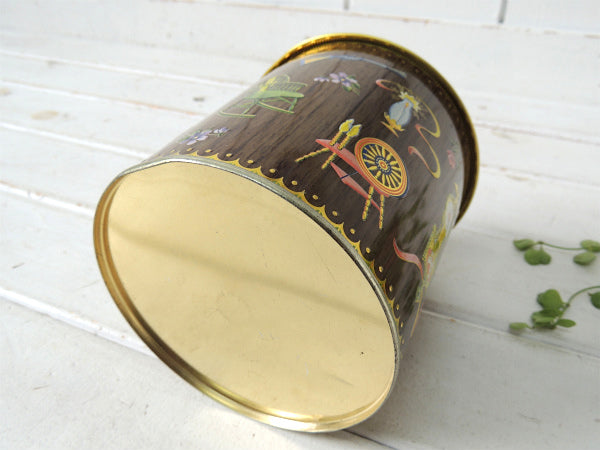 イギリス製・ポット&時計&チェア柄etc・蓋付き・アンティーク・ティン缶/ブリキ缶