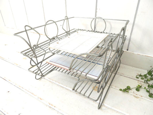 2段セパレート式・ミッドセンチュリー・ヴィンテージ・ワイヤー書類トレイ/書類ラック/デスクトレイ