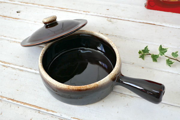 ストーンウェア ブラウン レトロ ヴィンテージ フレンチキャセロール スキレット 片手鍋 調理器具