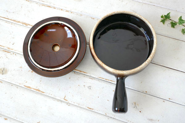 ストーンウェア ブラウン レトロ ヴィンテージ フレンチキャセロール スキレット 片手鍋 調理器具