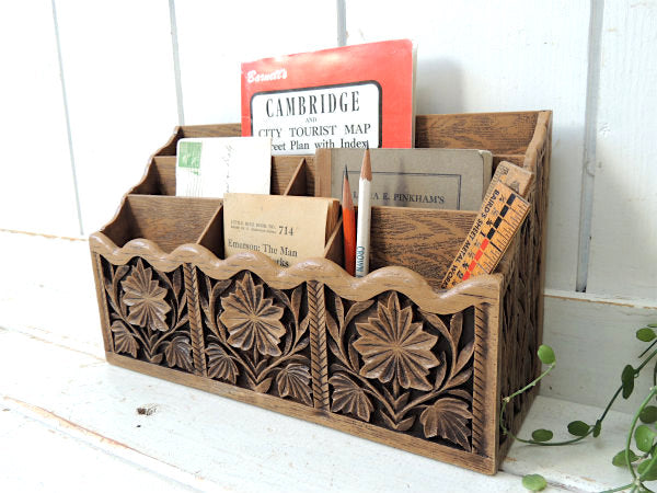 【Lerner・彫刻ウッド柄】70's・ヴィンテージ・卓上レターホルダー・オーガナイズ・書類スタンド