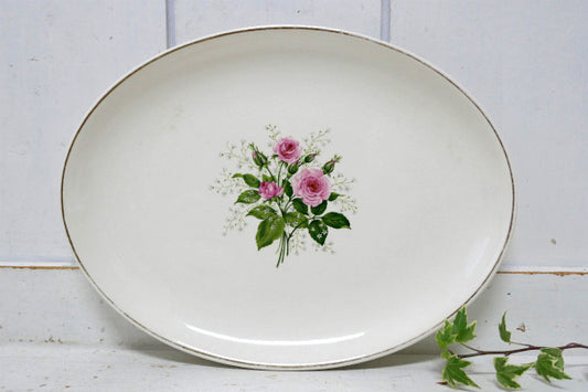 ピンクローズ 薔薇&かすみ草 オーバル ゴールドリム 陶器 アンティーク プレート 大皿 食器 US