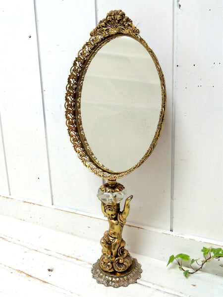 エレガントな天使モチーフ&花柄・アンティーク・スタンドミラー・卓上ミラー USA