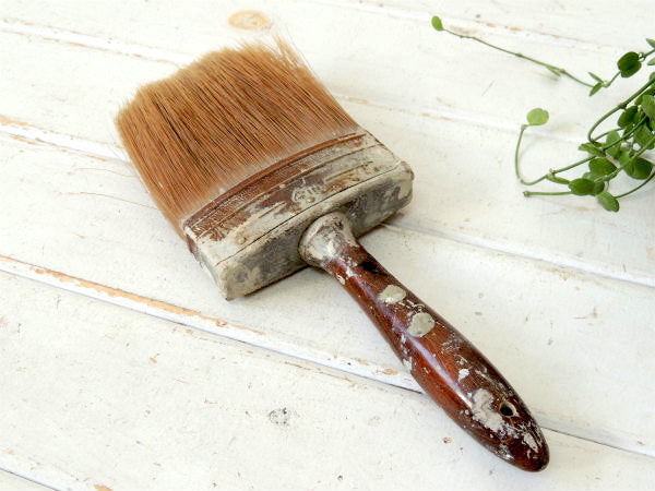 【ペンキの付いた木製ハンドル】ヴィンテージ・ペイントブラシ・ブラシ・刷毛・シャビー
