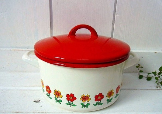 イタリア製　花柄・アンティーク・ホーロー両手鍋 　ITALY