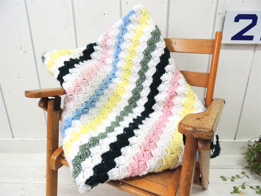 USA 斜めストライプ柄 ハンドメイド・ヴィンテージ・ニットブランケット ひざ掛け