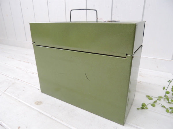 【PORTA-FILE】蝶々柄・鍵付き・オリーブグリーン色・ヴィンテージ・メタルケース/書類ケース