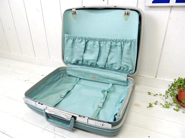 【サムソナイト・ドット・水玉柄】鍵付き・水色・ヴィンテージ・スーツケース・トランク