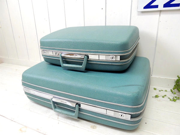 【サムソナイト・ドット・水玉柄】鍵付き・水色・ヴィンテージ・スーツケース・トランク