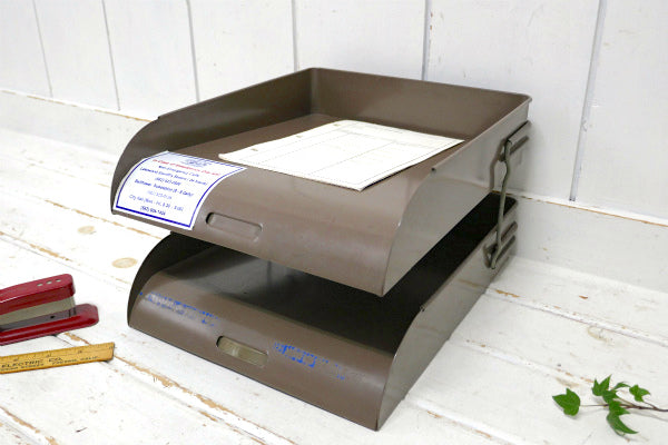 インダストリアル・工業系・メタル製・2段・ヴィンテージ・書類ラック・デスクトレイ・ミッドセンチュリー