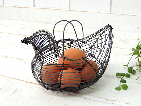 鳥型・シャビー・ワイヤー製・ヴィンテージ・エッグバスケット・カゴ・かご・キッチン USA