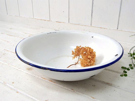 ホワイト×ブルー・シャビー・アンティーク・琺瑯タライ・ホーロータブ・ウォッシュタブ USA