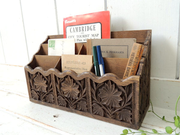 【Lerner】彫刻ウッド柄・70'sヴィンテージ・卓上レターホルダー/オーガナイズ/書類スタンド