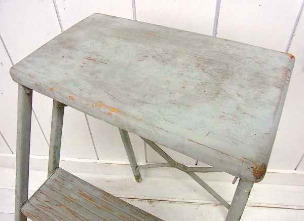 グレートーン ペンキの剥げた 木製×スチール製・アンティーク・ステップラダー/脚立