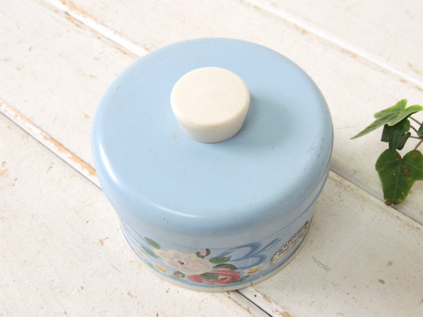 【ランズバーグ社】パウダーブルー・ハンドペイント・花柄・アンティーク・キャニスター缶・小物入れ