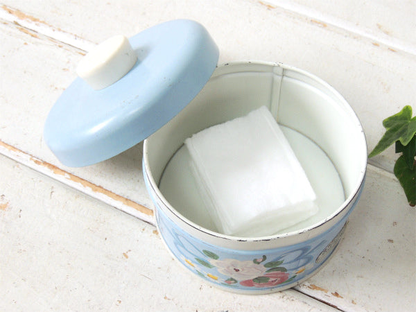 【ランズバーグ社】パウダーブルー・ハンドペイント・花柄・アンティーク・キャニスター缶・小物入れ