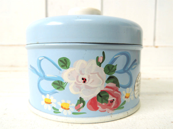 【ランズバーグ社】パウダーブルー・ハンドペイント・花柄・アンティーク・キャニスター缶・小物入れ