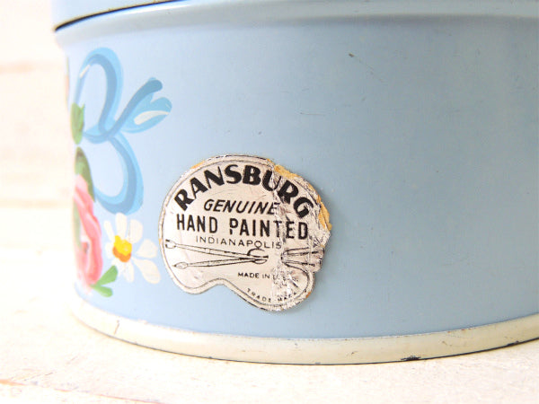 【ランズバーグ社】パウダーブルー・ハンドペイント・花柄・アンティーク・キャニスター缶・小物入れ