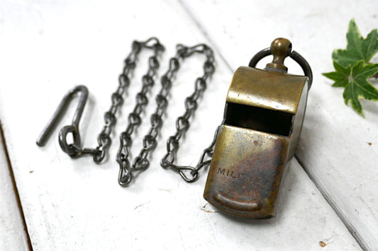 US MILITARY ミリタリー ヴィンテージ・真鍮製・ホイッスル・呼び笛 チェーン付き USA