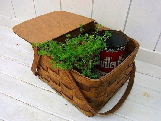 木製・アンティーク・ピクニックバスケット/ウッドバスケット/ダメージあり　USA