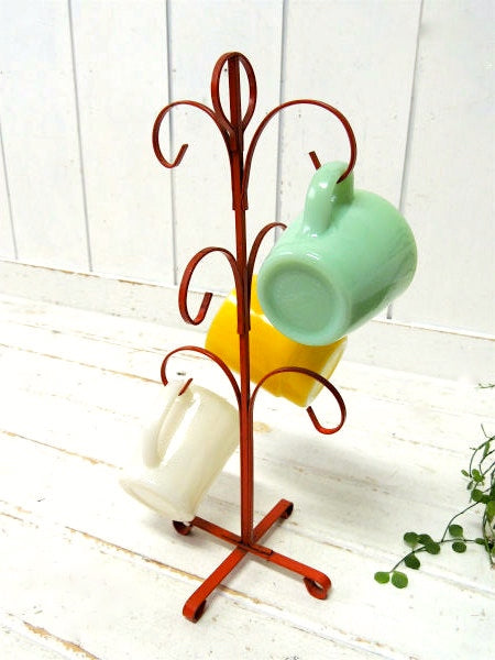 6客用 オレンジトーン・ヴィンテージ・アイアン製・マグツリー・マグカップホルダー・キッチン雑貨