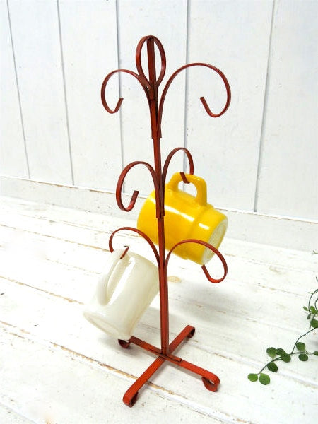 6客用 オレンジトーン・ヴィンテージ・アイアン製・マグツリー・マグカップホルダー・キッチン雑貨