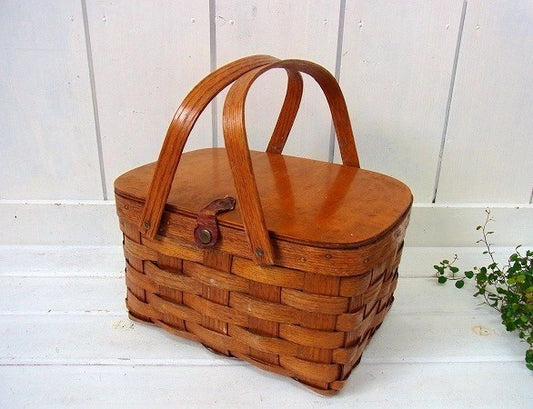 木製の小さなアンティーク・ピクニック・バスケット　USA