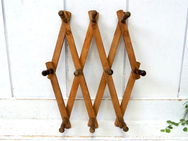 ノスタルジック・木製・壁掛け・伸縮式・ヴィンテージ・ハットラック・コートフック・ウォールフック