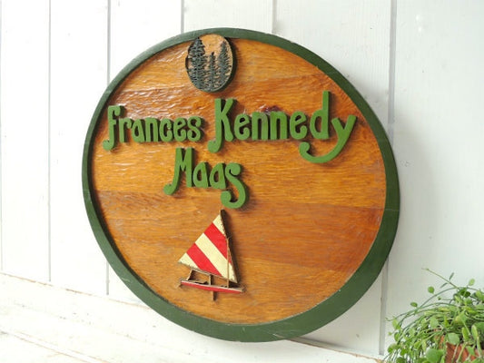 フランシス・ケネディ・ヨット・手彫り・ヴィンテージ・木製・ウッドサイン・インテリア・ウォールデコ